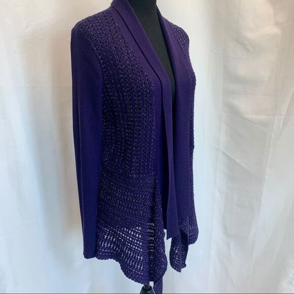 JONES New York purple metallic glitter open Front asymmetrical knit cardigan S - Picture 4 of 10